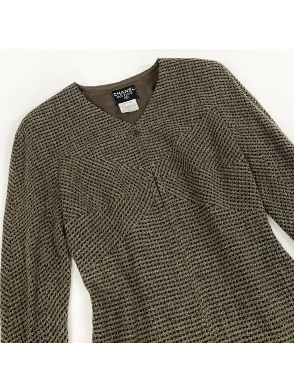 Chanel Front Zip Tweed Dress CC Logo Brown Black Wool Lycra